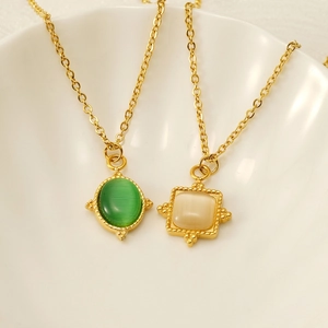 Collier Pendentif En Pierre Oeil De Chat Naturelle En Acier Inoxydable Plqué Or 18K Style Rétro Français Pour Femme Élégant