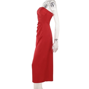 Detailed side view of red strapless satin bodycon dress with elegant side ruching details