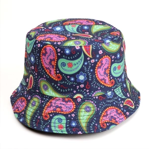 Reversible bucket hat with colorful paisley and leopard print for outdoor sun protection