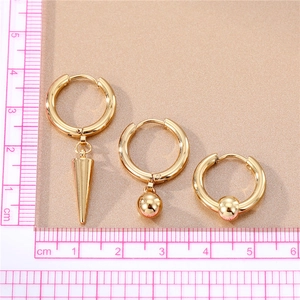 Three-piece gold stainless steel hoop earring set with cone and bead charms for hip hop style