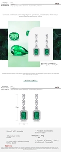 Detailed size specifications and material chart for S925 emerald drop earrings