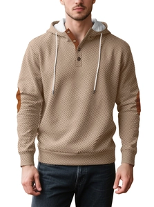 Detail of khaki men's hooded sweatshirt featuring button placket and elbow patches