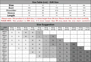 Detailed size chart for long sleeve polo shirt showing EUR sizes from S to XXL in cm and lbs