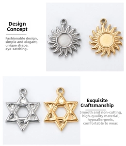 Detailed view of sunburst and Star of David charms in silver and gold stainless steel