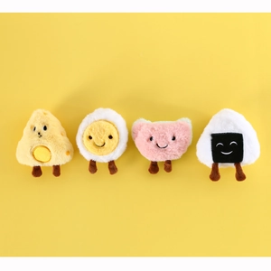 Detail view of plush cat toys set with catnip featuring fried egg and rice ball designs