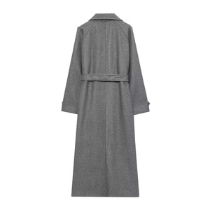 Elegant grey wool blend long coat for women with classic lapel and matching waist belt