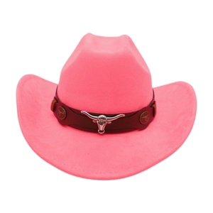 Detail of hot pink cowboy hat featuring leather band and silver bull head metal ornament