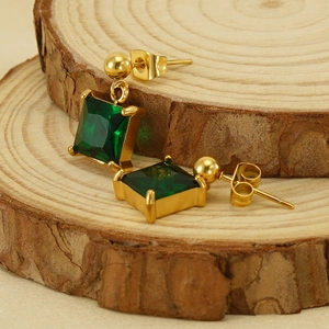 Minimalist 18K gold-plated stainless steel earrings with square green zircon on wood base