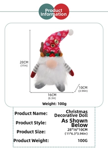 Gnome de Noël lumineux avec chapeau à cœurs et tableau détaillé des tailles de produit