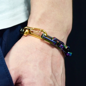 Hip hop titanium steel thick chain bracelet in iridescent colors with gold clasp