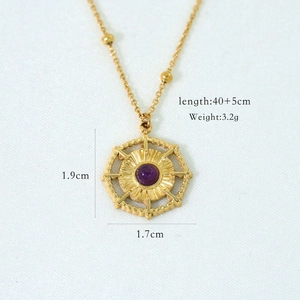 Detailed specs of moon compass necklace with amethyst pendant and 14K gold dimensions