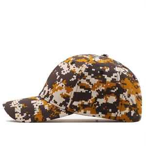 Detailed side view of digital camo baseball cap with brown and khaki military pattern