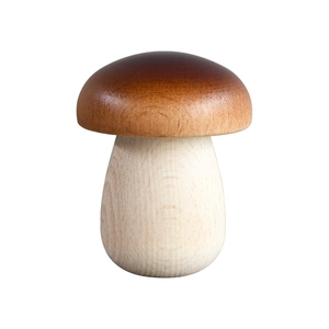 Handcrafted wooden mushroom ornament with dark brown cap and natural grain finish