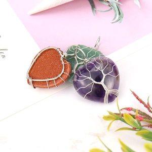 Silver tree of life wire wrapped heart natural stone pendant necklace in various colors