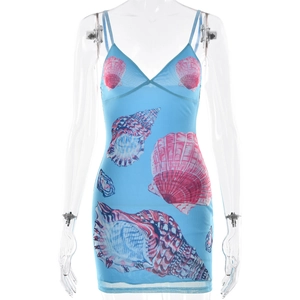 Detail view of pink and blue shell print on sheer mesh blue bodycon mini dress fabric