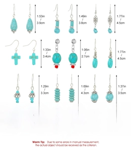 Detailed size measurement chart for vintage turquoise earrings in bohemian style