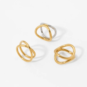 Minimalist geometric double layer crisscross stainless steel rings in gold and silver