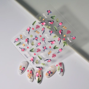 5D embossed bird and berry nail art stickers with 3D floral designs for DIY manicures