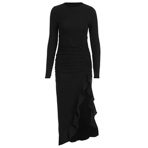 Detail of black ribbed knit dress with ruched waist and asymmetric ruffle hem design