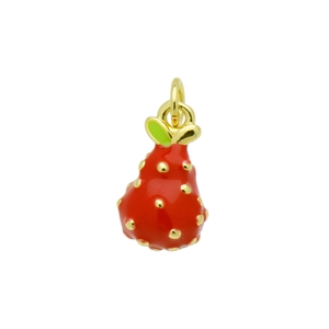 Detailed close-up of a red strawberry pendant with green leaves and gold finish
