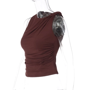 Detail view of ruched side design on deep brown slim fit sleeveless top for women