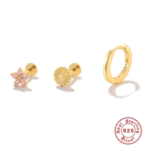 Three-piece gold S925 sterling silver earring set with pink flower and heart designs