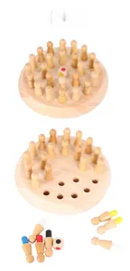 Detail of wooden memory chess game with circular boards, colored pieces and a dice