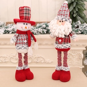 Christmas Santa Snowman Doll Telescopic Legs Plush Cloth Ornament For Holiday Home Fireplace Decoration Plaid Design