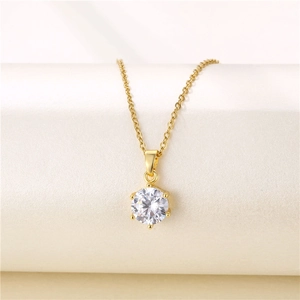 Classic 18K gold plated stainless steel necklace with six-prong set cubic zirconia pendant