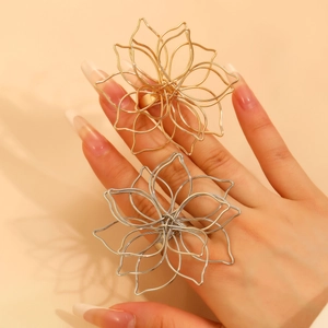 Statement hollow lotus flower ring set in gold and silver finish with braided wire design
