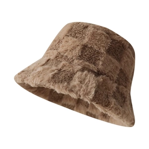 Brown and beige checkerboard faux fur bucket hat with warm plush material for women