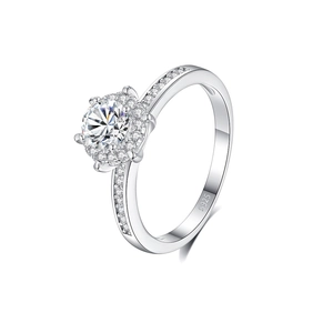 Elegant S925 sterling silver six-prong moissanite crown ring with surrounding diamonds