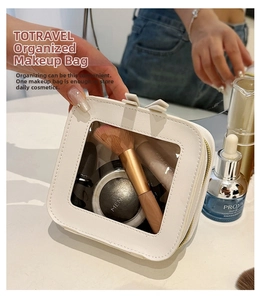 Minimalist white transparent cosmetic bag with handle, stylish waterproof makeup pouch for daily use.