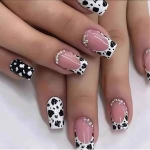 Cow Print Press On Nails With Rhinestones French Tip Square Long False Nails For Women Fashion Manicure