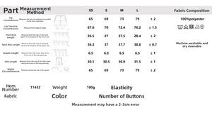 Detailed size chart for blazer shorts set featuring hip, waist and length measurements