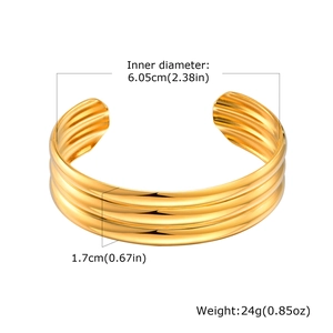 Detailed view of gold multi-layer wavy open bracelet with dimensions and weight specs