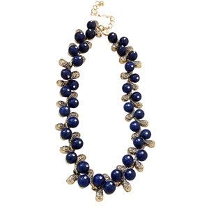 Vintage gold-tone necklace with dark blue berry beads and sparkling rhinestones
