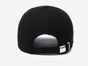 Detail view of the black baseball cap rear with adjustable strap and silver metal buckle