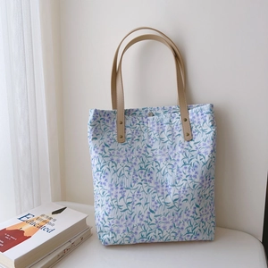 Floral cotton tote bag with leather handles and blue flower pattern for women and students