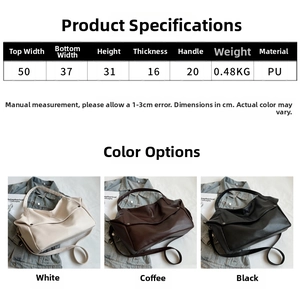 Size guide for high-capacity PU tote bag with dimensions and multi-color options