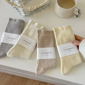 Women Slouch Mid Calf Socks Japanese Style Ribbed Knit Combed Cotton Confetti Dots Ruffle Trim Soft Breathable Casual