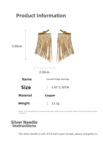 Detailed spec sheet of gold long tassel earrings with dimensions and material info