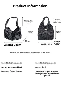 Detailed size comparison and specifications for gray leopard print tote bags in two sizes