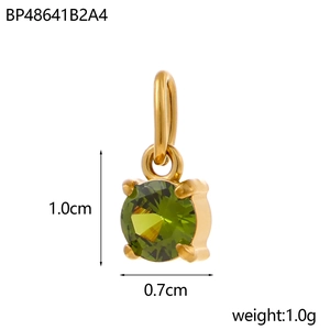 Detail view of a 1cm olive green round zircon pendant with gold stainless steel claw setting