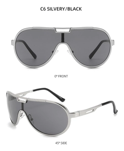 Detail view of silvery metal frame pilot sunglasses with black lenses at 0 and 45 degrees
