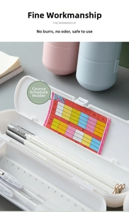 Detail view of double-layer student pencil box with integrated clear timetable slot