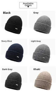 Detailed grid of knitted beanies in black, grey, navy, and khaki with metal logo accents