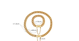 Detail of gold Cuban link chain set with dimensions and industrial buckle design