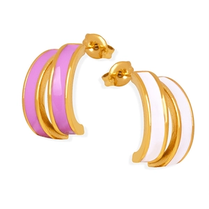Three-tier titanium earrings with purple and white enamel in 18K gold plated finish