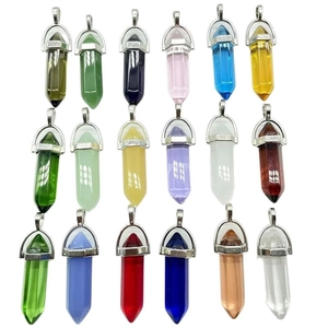 Set of 18 colorful hexagonal natural crystal point pendants with silver metal clasps